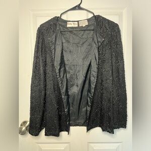 Women’s Black Beaded 100% Pure Silk Button Cardigan Blouse Long Sleeve Large
